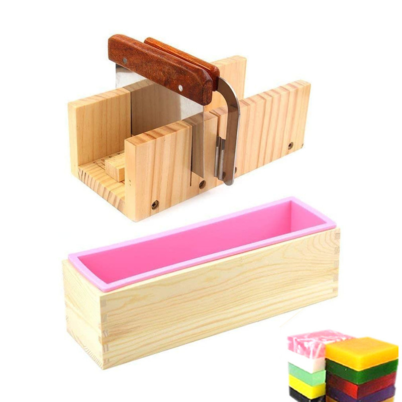 Soap Making Book For Beginners - 1.2Lシリコンソープモールドキット 42オンス木製シリコンソープ長方形型 ステンレス製波型ストレートスクレーパー付き DIY製作